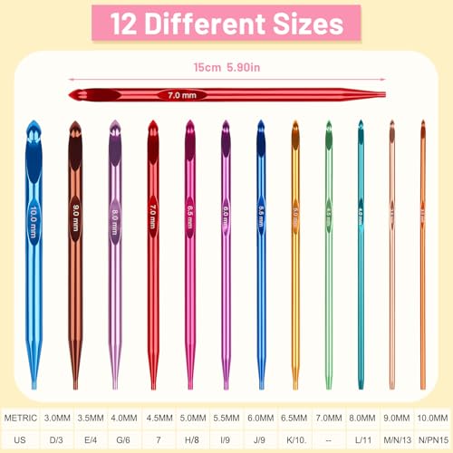 Image of Aeelike Interchangeable Tunisian Crochet Hooks Set, 12 Sizes Colorful Tunisian Crochet Hooks Set with 4 Cables 3.0mm - 10.0mm Smooth Ergonomic Hook for Making Blanket Scarves, Ideal Gift