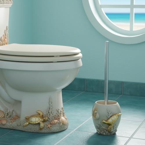 Image of 5 Inch Turtle Toilet Brush Holder, Gold Ocean Bathroom Decor | Resin mother & baby turtle brush, coastal bathroom organizer, ocean theme decor