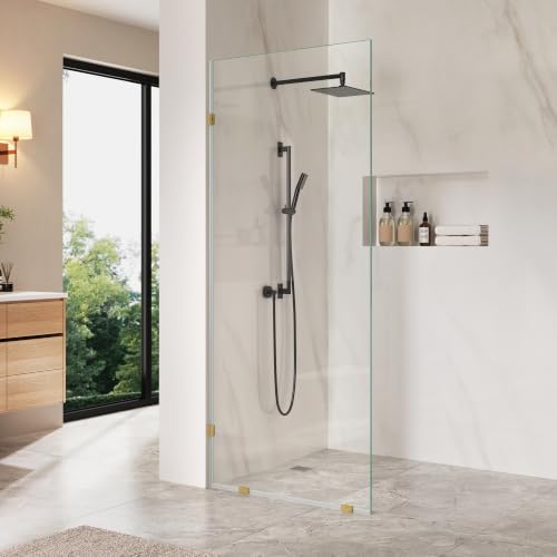 Image of DeerValley 32 inchx78 inch Frameless Shower Glass Panel, 3 /8'' (10mm) Fixed Glass Shower Panel, Tempered Glass Door, Bathroom Shower Screen with Hardware (Brushed Gold)