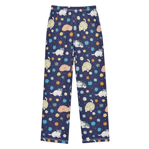 Kitten Cat Flowers Boys Long Pants Soft Trousers Elastic Waist Kids Lounge Bottoms with Pockets S-XL