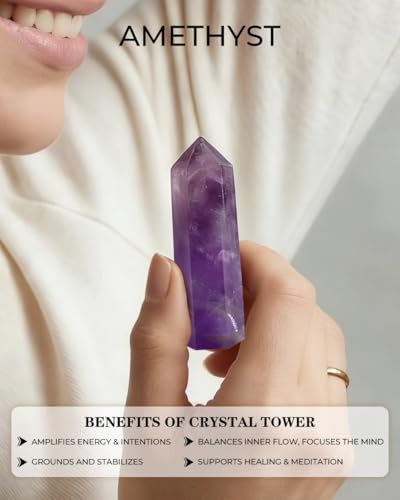 Image of Amethyst Natural Healing Crystal Wand Set - 2.4-2.8 inch Polished Gemstone Point Obelisk - Hexagonal Towers for Reiki Energy, Chakra Balancing, Meditation & Home Office Decor - Spiritual Gifts for Women