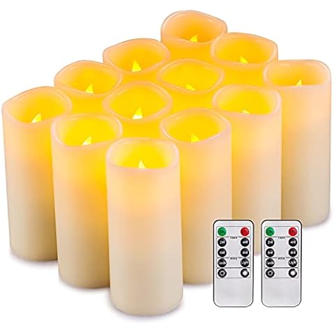 Enpornk Flameless Candles Flickering LED Candles Set of 12 (D:2.2" X H:5") Ivory Real Wax Pillar Battery Opeated Candles with 10-Key Remote and Cycling 24 Hours Timer Cover