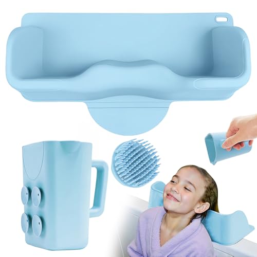 Image of Portable Hair Washing Station for Kids, Toddlers, Children, Teens, Silicone Hair Washing Basin for Sink or Bathtub, Tear-Free Shampoo Bowl with Rinser Cup, Neck Support for kids, Light Blue