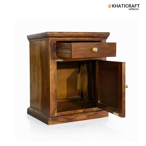 Image of Solid Sheesham Wood Chitra Bedside Table with Drawer and Door Storage for Bedroom | Wooden Nightstand Side Table for Living Room Home and Hotel | Honey Finish