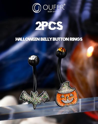 OUFER 2PCS Halloween Belly Button Rings, Pumpkin Bat Stainless Surgical Steel Belly Button Piercing Jewelry for Women Men, Orange Navel Piercing Jewelry, 14G Black Curved Barbells-10mm3