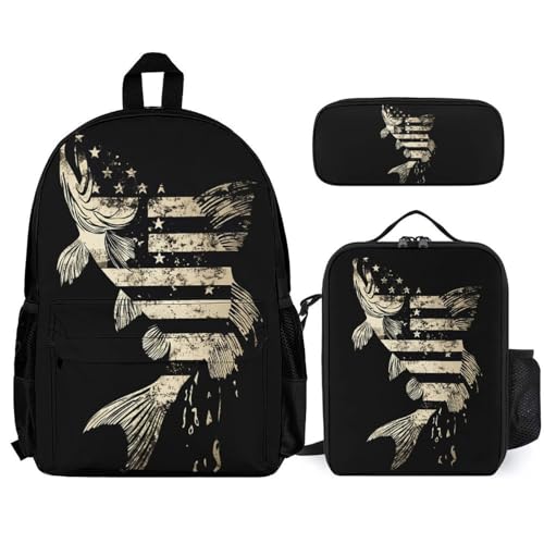 U.S.A Flag Bass Fish Camouflage Backpack 3 Set with Lunch Bag Insulated Shoulder Meal Tote Bags Pencil Case Box Casual Daypack