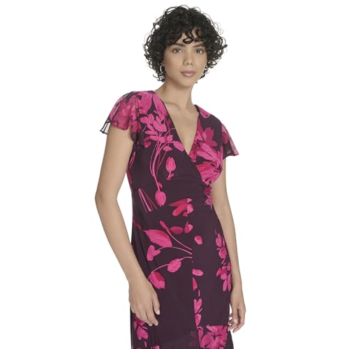 Image of Tommy Hilfiger Women's Flutter Sleeve V-Neck Ruffle Trim Hi-Lo Midi Dress