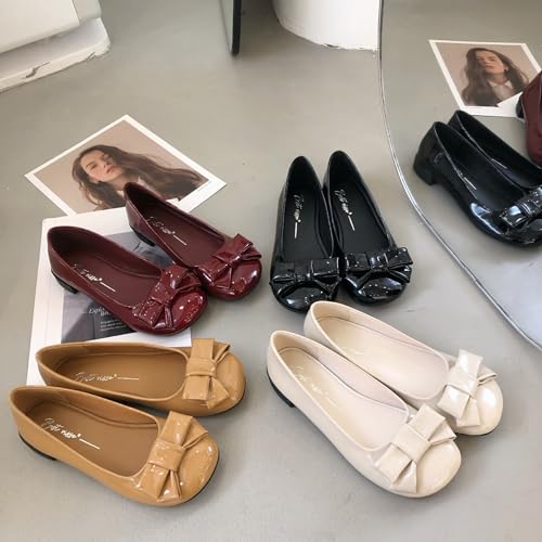 ZQW Ballet Flats Round Toe Patent Leather Bow Slip On Dress Shoes Women Office Work Casual Daily Wear Comfy Comfortable Professional3