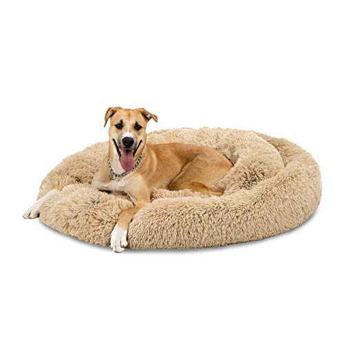 Best Choice Products 45in Dog Bed Self-Warming Plush Shag Fur Donut Calming Pet Bed Cuddler w/Water-Resistant Lining, Raised Rim - Brown