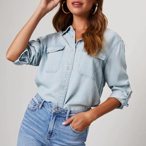 Women Denim Shirt Retro Long Sleeve Button Down Blouse Chambray Western Jean Shirt Jacket Business Casual Tops2