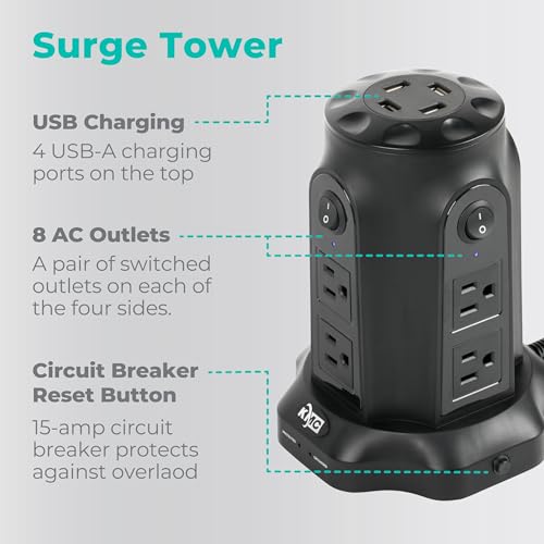 image for KMC Power Strip Tower with USB Ports (4 USB-A), 8 Outlet Tower, 6ft Lo