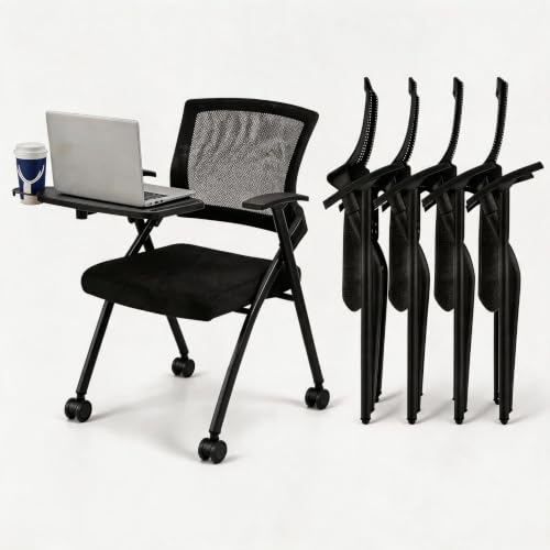 Image of Folding Training Chairs with Desk Attached, Office Meeting Chair with Writing Tablet & Cup Holder, Space-Saving Nesting Stackable Chairs with Wheel for Conference Room,Seminar, Classroom