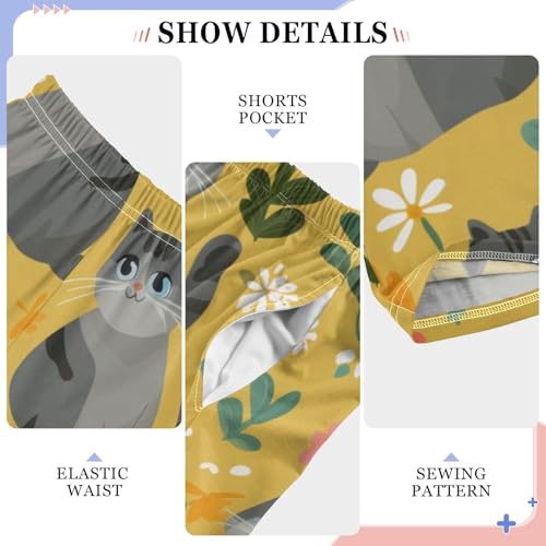 Cat Spring Florals Boys Long Pants Soft Trousers Elastic Waist Kids Lounge Bottoms with Pockets S-XL4