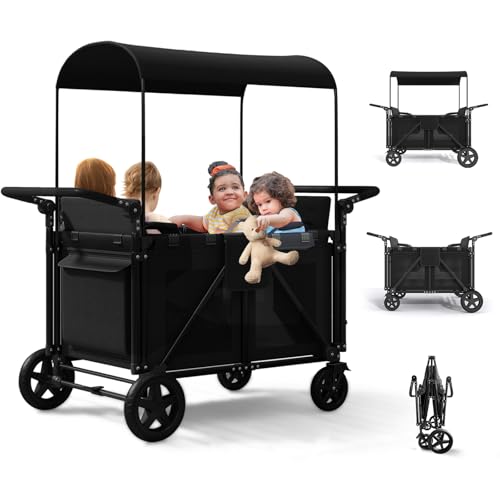 Image of DISHUP Stroller Wagon with Canopy, 4-Passengers Capacity and 5-Point Harnesses, Push-Pull Rod Wagon Stroller with Adjustable Handle - Black