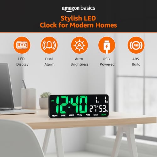 Image of Amazon Basics LED Digital Wall Clock with Dual Alarm, Snooze, Auto Brightness, ABS, Black Color,USB Powered, 12 /24 Hr Format, Modern Display for Bedroom, Home, Office (Size: 35 x 13.2 x 2.9 cm)