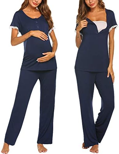 Ekouaer Women Maternity Pajamas Set Nursing Clothes Soft Cotton Breastfeeding Tops Pants Sets Solid PJ Nightwear Navy Blue
