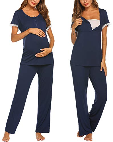 Ekouaer Women Maternity Pajamas Set Nursing Clothes Soft Cotton Breastfeeding Tops Pants Sets Solid Pj Nightwear Navy Blue #TOP4