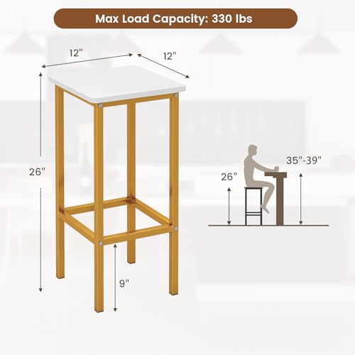 Image of COSTWAY Industrial Bar Stools Set of 4, Backless Square Breakfast Bar Chairs with Metal Frame and Footrest, Counter Height Stools for Kitchen Island Dining Room Living Room (White, 26 inch)