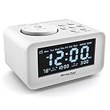 REACHER Small Digital Alarm Clock Radio with 2 USB Charging Ports, 0-100% Dimmer, Weekday/Weekend, Thermometer, 6 Adjustable Volume Sounds, Sleep Timer, AC Powered, Battery Backup for Bedroom(White)