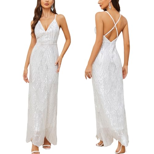 Women's V Neck Spaghetti Straps Sequin Sparkly Glitter Irregular Hem Prom Dress Bcakless Maxi...