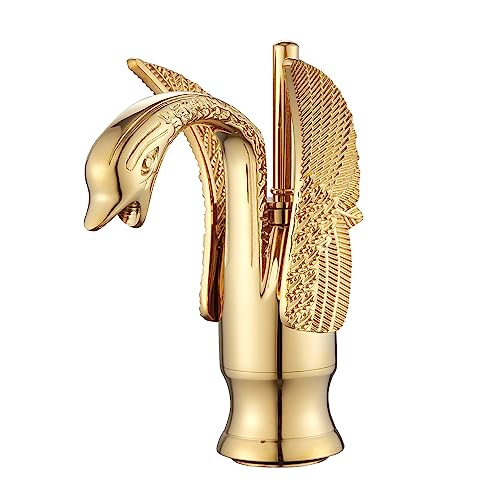 Gold Bathroom Faucet GGStudy Swan Shape Single Handle One Hole Bathroom Vanity Faucet Basin Tap Deck Mount Lavatory