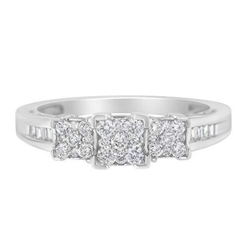 14K White Gold 1/2 Cttw Brilliant & Baguette Cut Diamond Triple Square Cluster Anniversary or Fashion Band Ring (H-I Color, SI2-I1 Clarity)