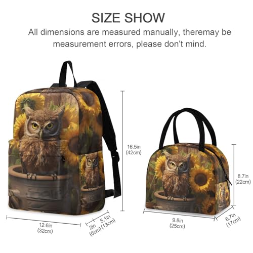 Backpack Lunch Box Set Large Capacity Travel Backpacks and Insulated Lunch Bag for Commute Hiking Picnic Sunflower Owl Print2