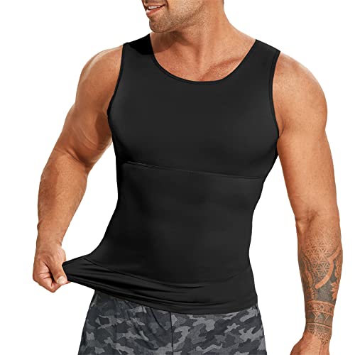 Eleady Men Compression Shirt Shapewear Slimming Body Shaper Vest Abdomen Undershirt Workout Tank Tops (XX-Large, Black Compression Tops)