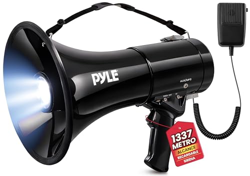 Pyle megafono, Altavoz, Portatil, 50V, Sirena, Control de Volumen, Interiores, Exteriores, Luces LED