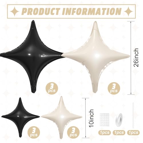 Image of Black White Star Balloons,12Pcs Four Angle Star Foil Balloons | 26Inch and 10Inch Black White Quadrangle Star Helium Balloon for Birthday Baby Shower Wedding Party Decorations