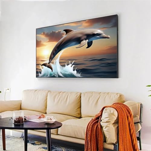 Coucher de soleil sur l'océan en peinture toile dauphin pour décorer un salon chaleureux - 4