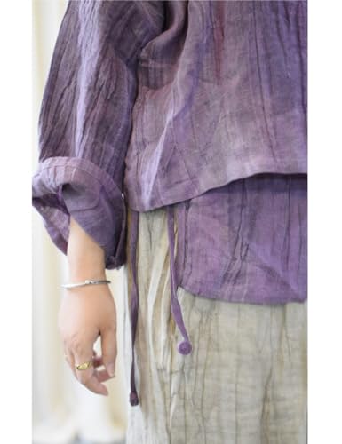 NFYM Women's Linen Asymmetrical Shirt Top Irregular Hem Tie Retro Stand Collar Button Blouse Shirts4