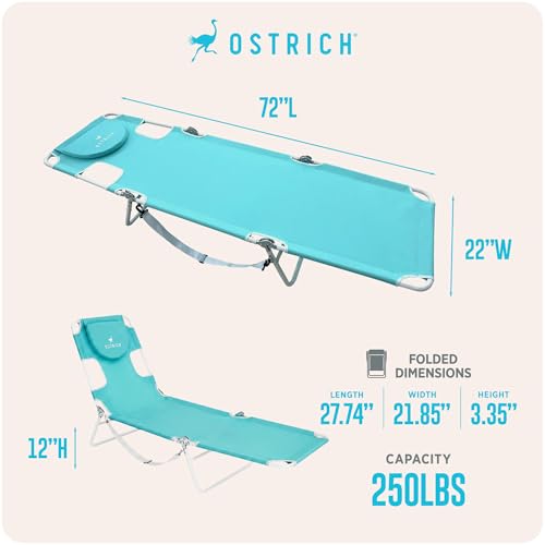 Image of Ostrich the Original Chaise 72 x 22 Inch Lounge Portable Reclining Lounger, Outdoor Patio, Beach, Lawn, Camping, or Pool Tanning Chair, Aqua