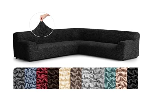 PAULATO BY GA.I.CO. Stretch Corner Sectional Couch Covers – Corner Sofa Cover – Elastic L Shape Sofa Slipcover - Sectional Slipсovers - Washable Furniture Protector - Black (198”-240” Wide)