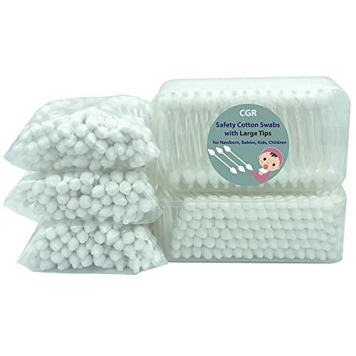 CGR 400pcs CGR Baby Safety Cotton Swabs with Large Tips for Newborn, Babies, Kids, Children, 100% Organic Cotton, White Paper Sticks, 5 Pack of 80 Swabs Total(2 Boxes and 3 Bags)