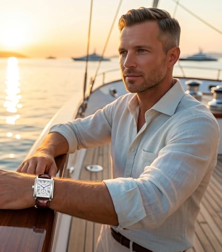 Image of LONGBO Mens Watch Rectangular Shape Alloy Case Business Casual Genuine Leather Strap with Seconds Subdial | Calendar Date | Scratch Resistant Waterproof Watches for Men