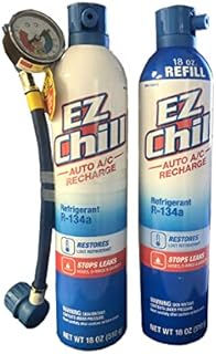 IDQ Interdynamics EZ Chill 36oz R134A Refrigerant AC Recharge 2 Cans - Can Tap Hose with Gauge with Air Conditioning Stop Leak