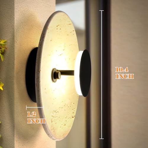 Image of Round Wall Sconce, Natural Marble Hardwired Circular Sconce Modern Sconces Wall Lighting Vanity Light Fixtures for Bedroom, Stairs, Living Room, Bedside(Roman Travertine)