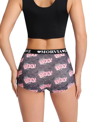 Morvia 6 Pack Gothic Halloween Print Boyshorts High Waist Variety Unterwäsche mit Gummiband Totenkopf Rose Sterne Muster, Mehrfarbig 3, Small