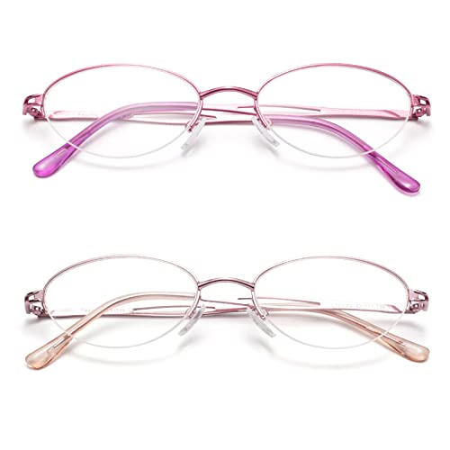 E & R Elegant Rabbit Halbrahmen Metall Lesebrille für Damen Ovale Rahmen Lesehilfe Brille Anti-blaues lich Sehehilfe für Frauen L731 (Rosa & Lila, 4.00, diopters) Cover