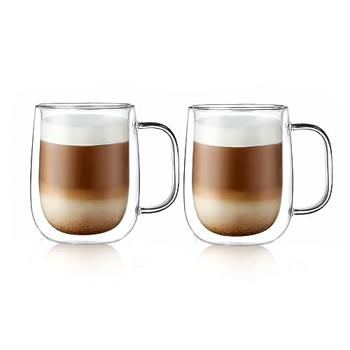 CNGLASS Large Double Wall Glass Coffee Mug 15.2oz(450ml) Clear Insulated Glass Espresso Cup with Big Handle set of 2