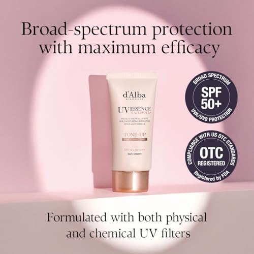 d'Alba | włoska biała trufla Waterfull Tone-up Sunscreen 50 ml, SPF/LSF 50+PA++++, czysty i wegański hybrydowy różowy krem nawilżający, świecąca i rozjaśniająca ochrona przed słońcem