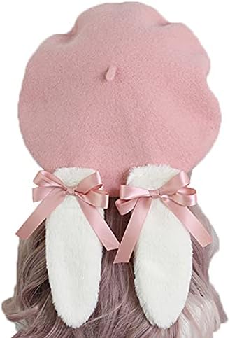 Packitcute Teen Girls Removable Cute Bunny Ears Wool Beret Lolita Sweet Soft Winter Hat (Pink)