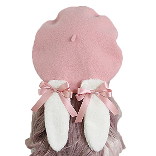 Packitcute Teen Girls Removable Cute Bunny Ears Wool Beret Lolita Sweet Soft Winter Hat (Pink) #TOP25