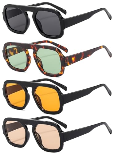 IKANOO 4 Pieces Retro 70s Square Aviator Sunglasses for Women Men Flat Frame Trendy Square Sun Glasses Vintage Shades ﻿