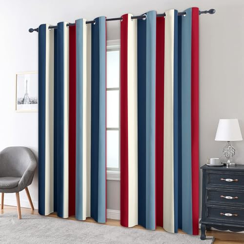 Nautical Striped Blackout Curtains, 54 Drop, Blue Red Stripe Printed Curtains for Living Room, Bedroom, Eyelet Drapes for Window Home Decor, 46x54 Inch 2 Panels (1K7-1)