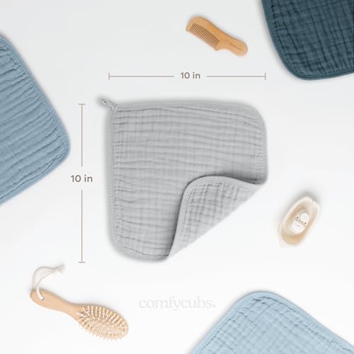 Image of Comfy Cubs Muslin Baby Washcloths 10 Pack - Soft 6-Layer Cotton Wash Cloths for Sensitive Skin - 10 inchx10 inch Large, Gentle, Absorbent Infant Essentials for Newborn and Toddlers - Heather Blue
