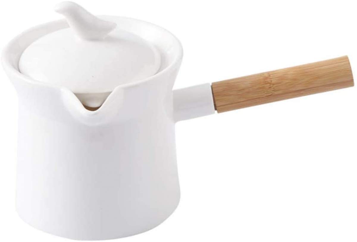 YRHH Mini Milk Pot Non-stick Ceramic Milk Pan with Wooden Handle Saucepan with Spout-500ml