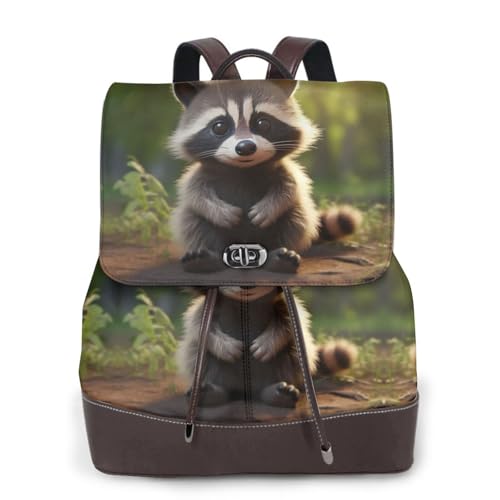 Sac à dos en cuir imprimé raton laveur pour femme sac de voyage noir