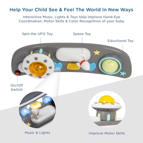 Image of Mee Mee 2-in-1Baby Walker | 3 Level Adjustable Height | Musical Detachable Toy Bar with Lights | Compact and Portable | Washable Cushioned Walker | Age 6-18 Months| 15kg | Grey